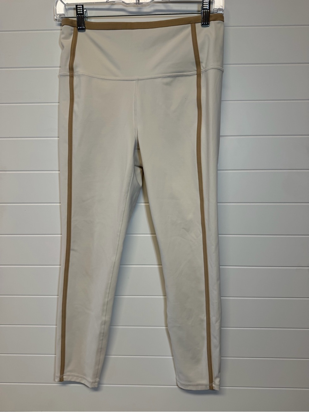 Athleta Cream Leggings with Tan Side Stripes